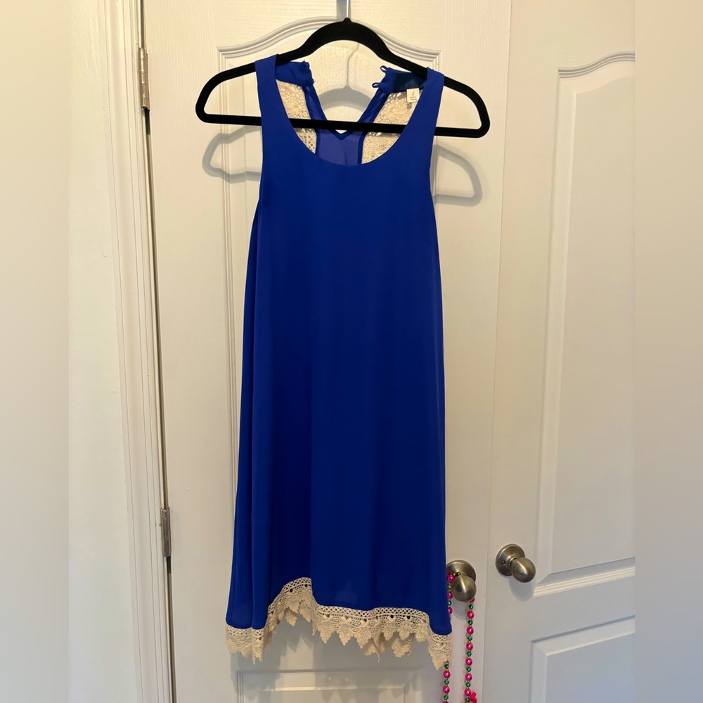 Blue mini dress with tan lace detailing